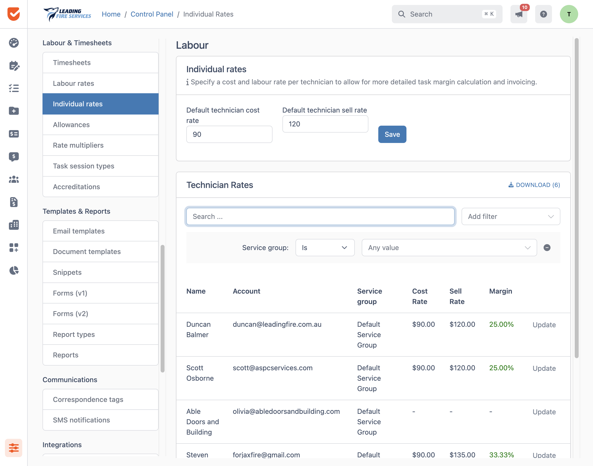 Individual Rates | Control Panel