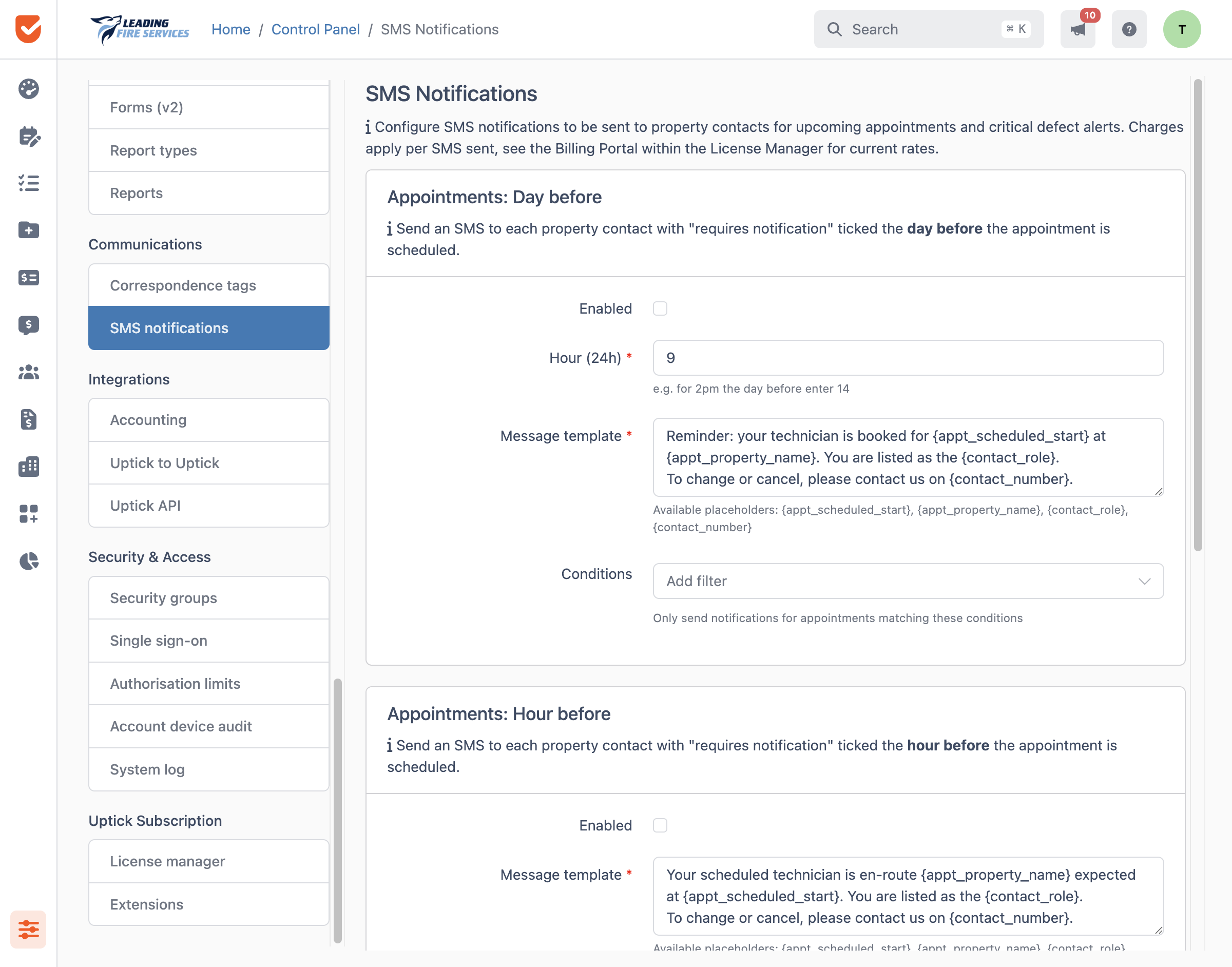 SMS Notifications | Control Panel