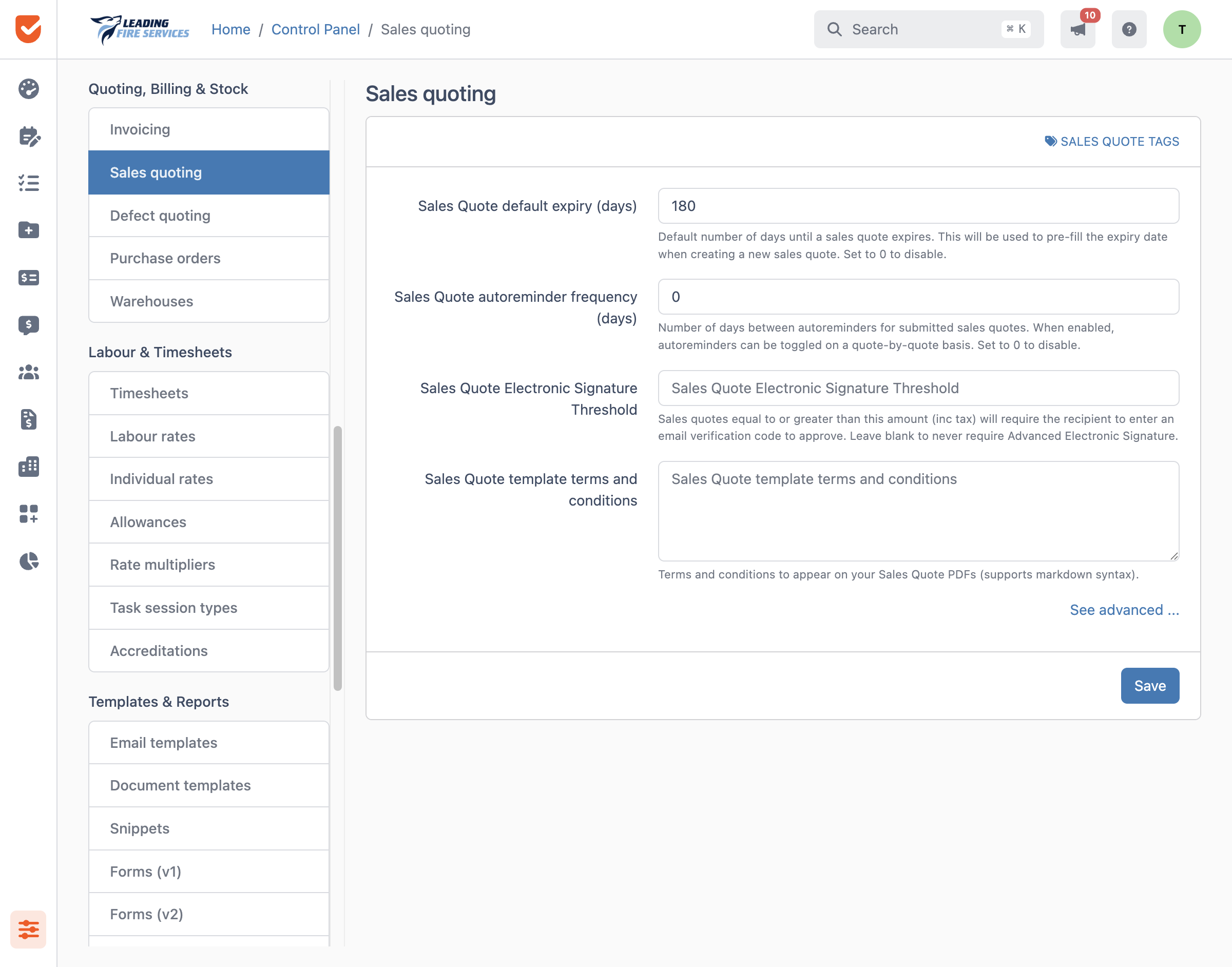 Sales quoting | Control Panel