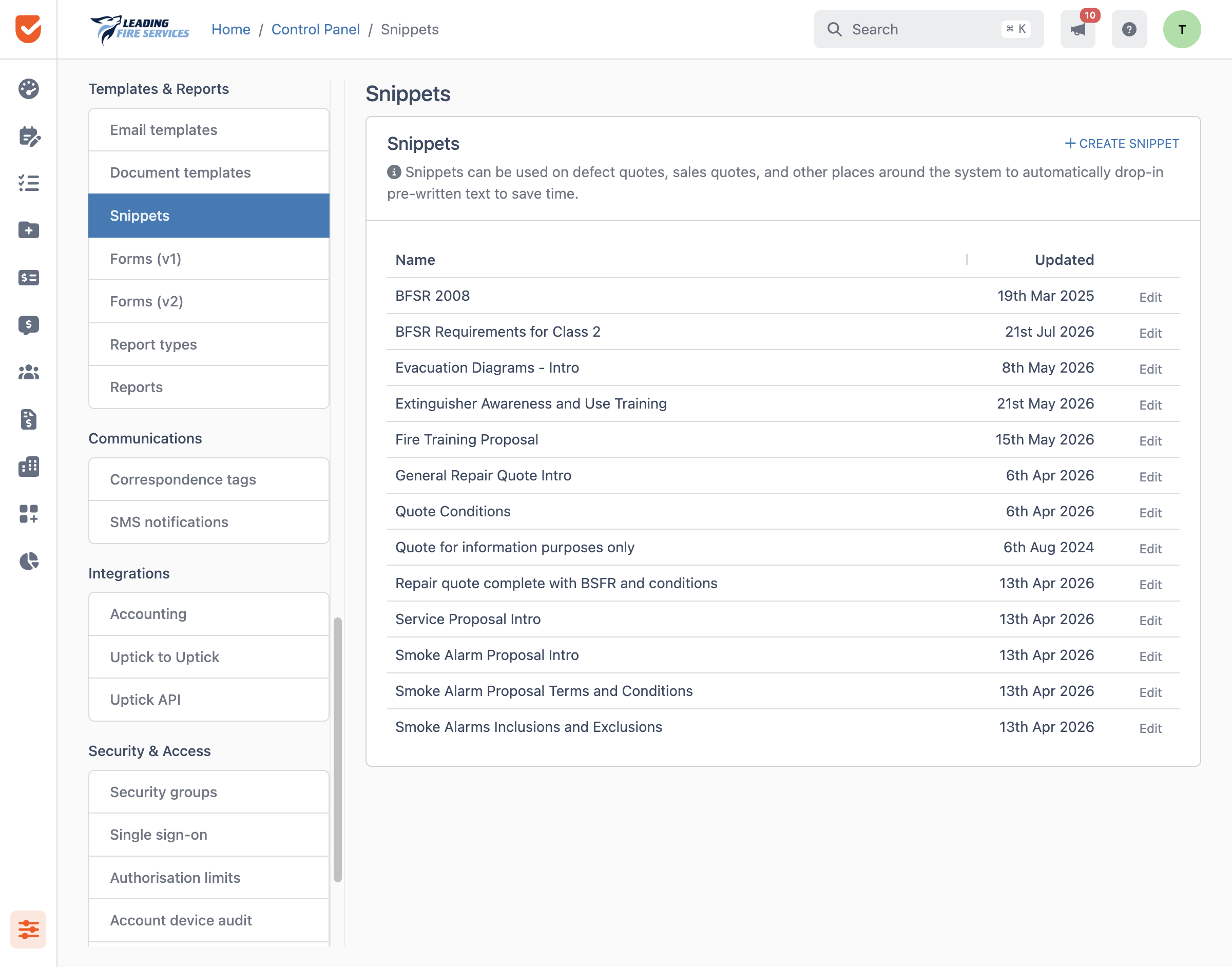Snippets | Control Panel