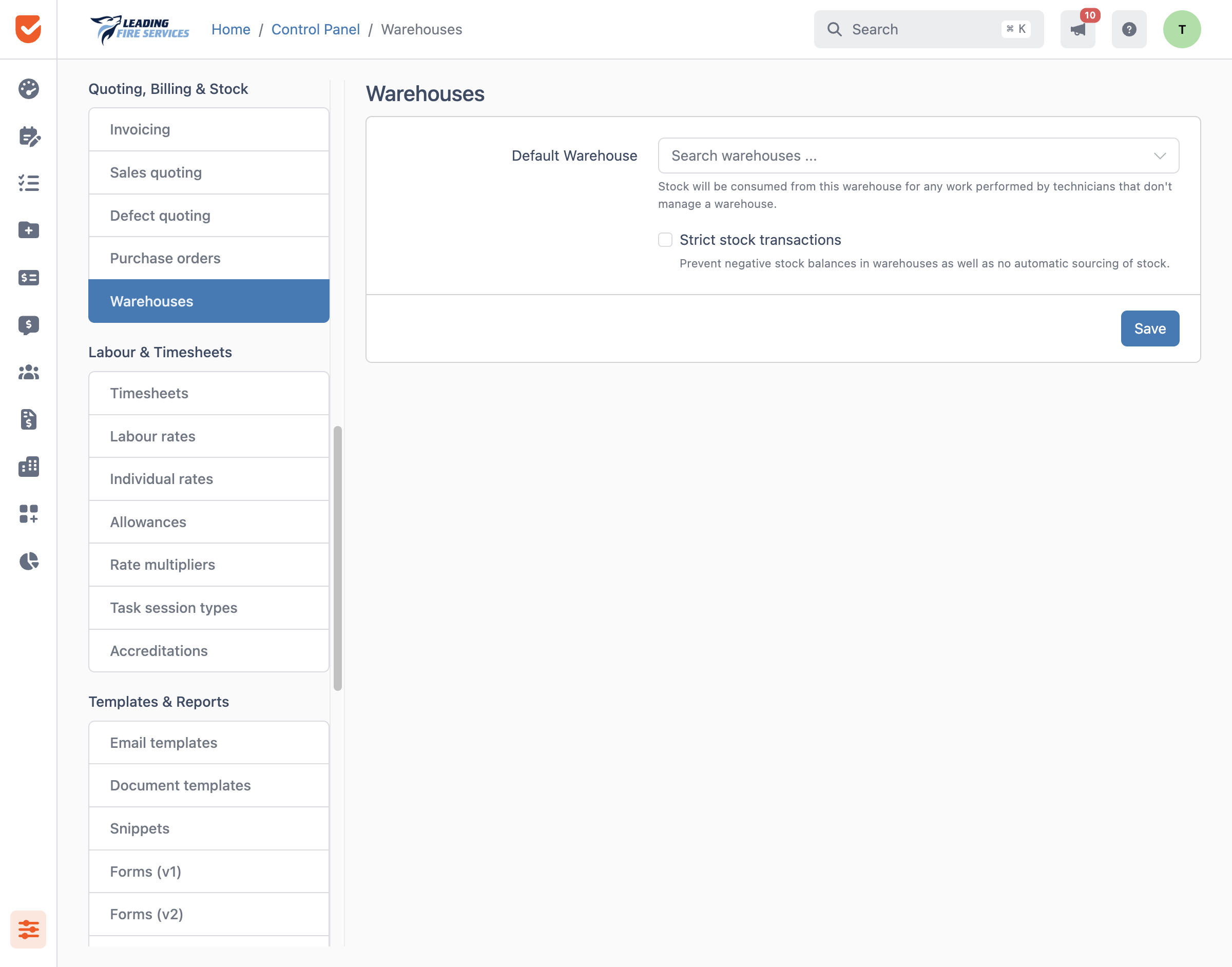 Warehouses | Control Panel