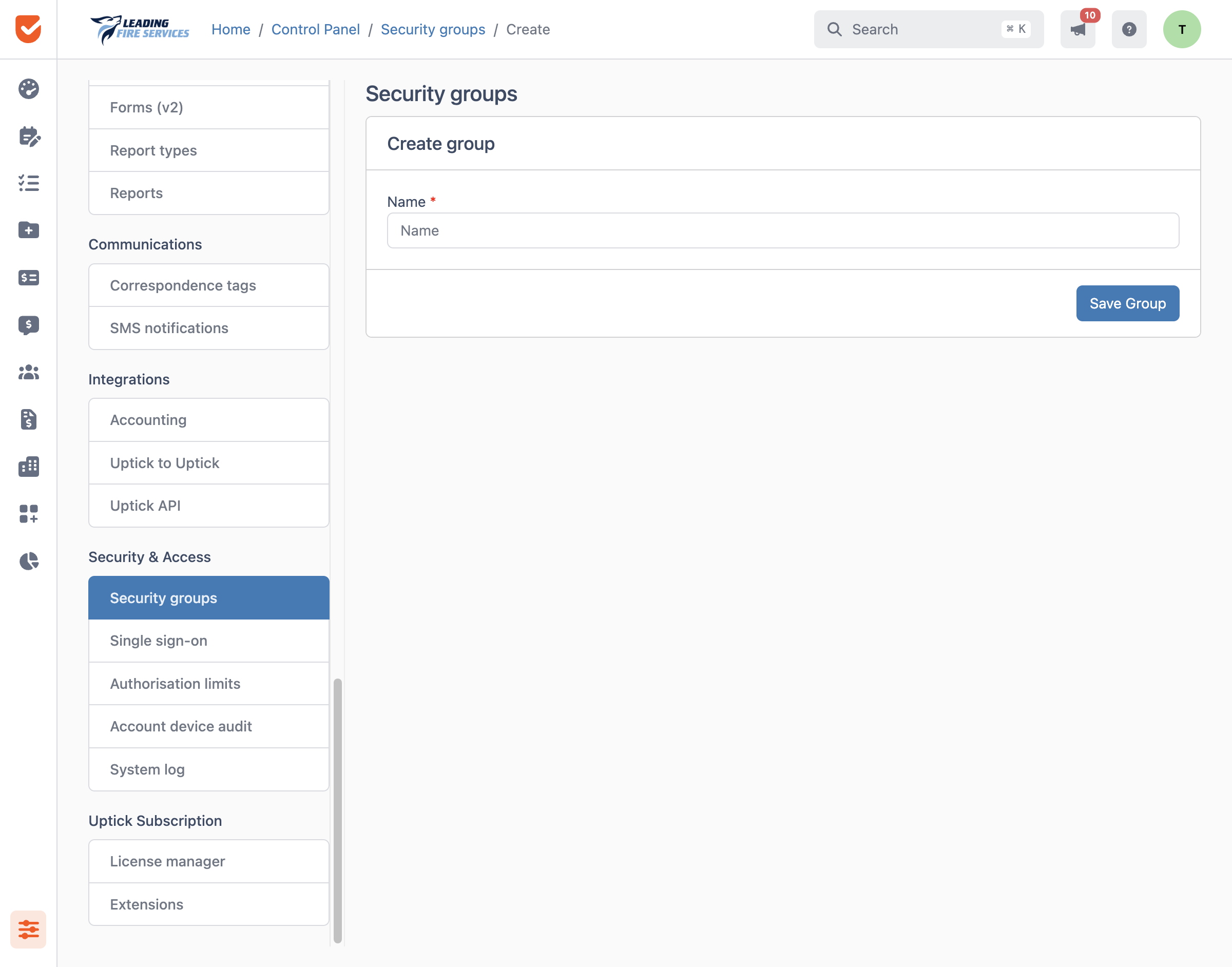 Create group | Security groups | Control Panel