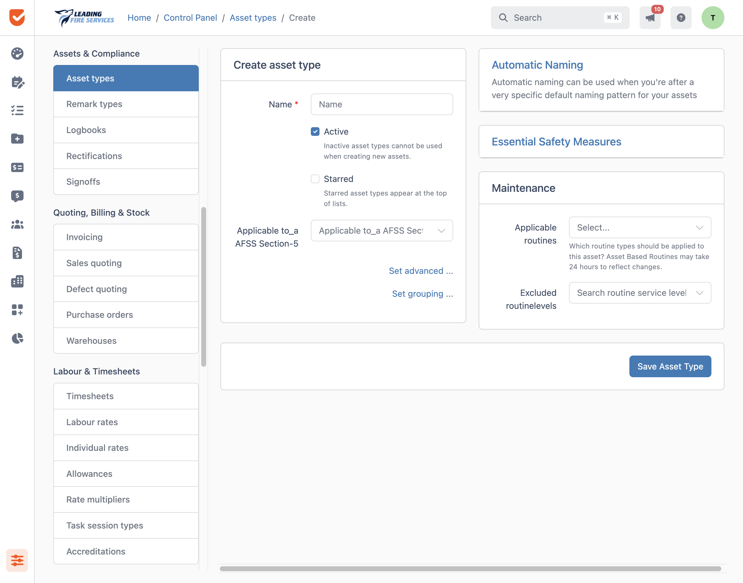 Create asset type | Control Panel