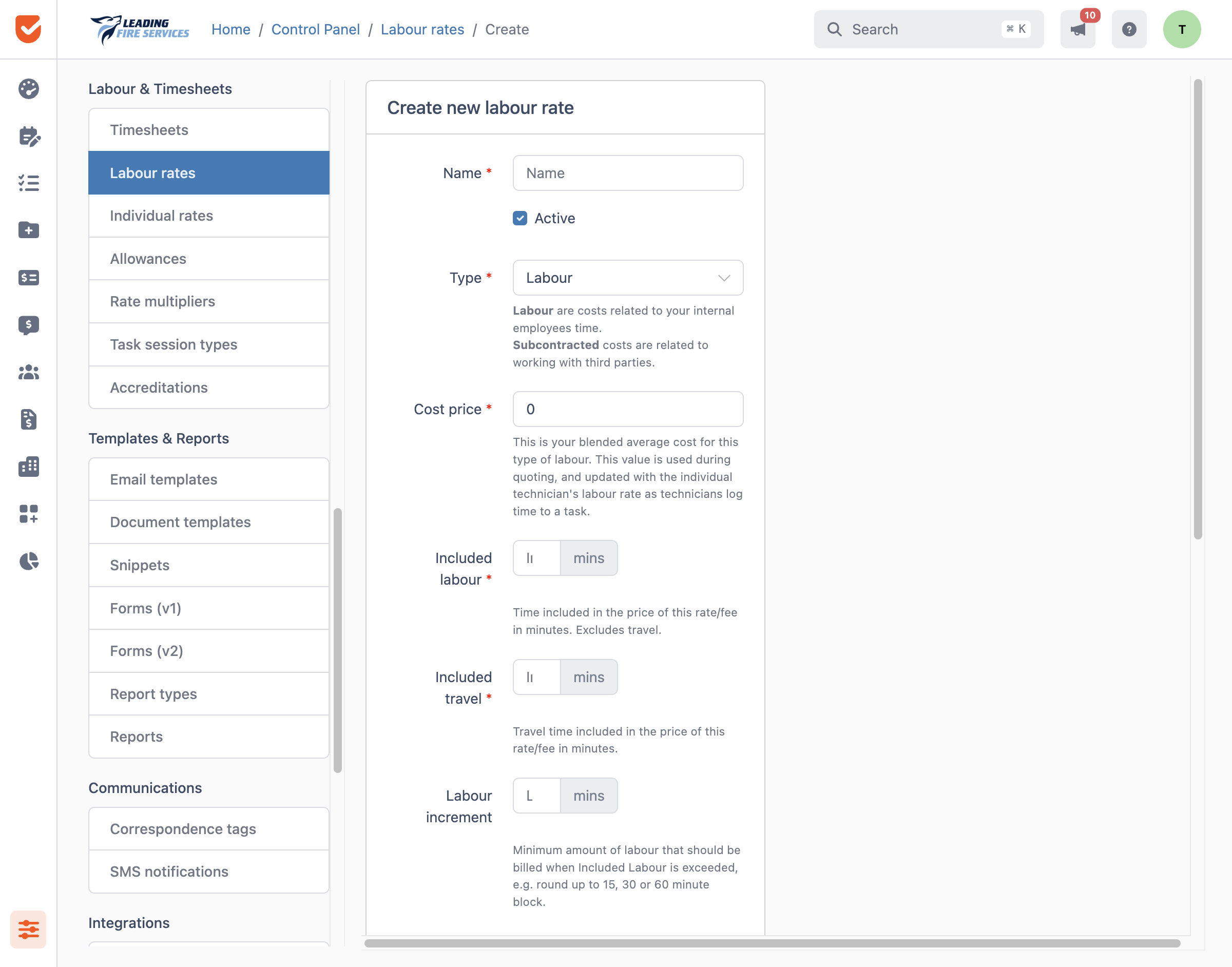 Create labour rate | Control Panel