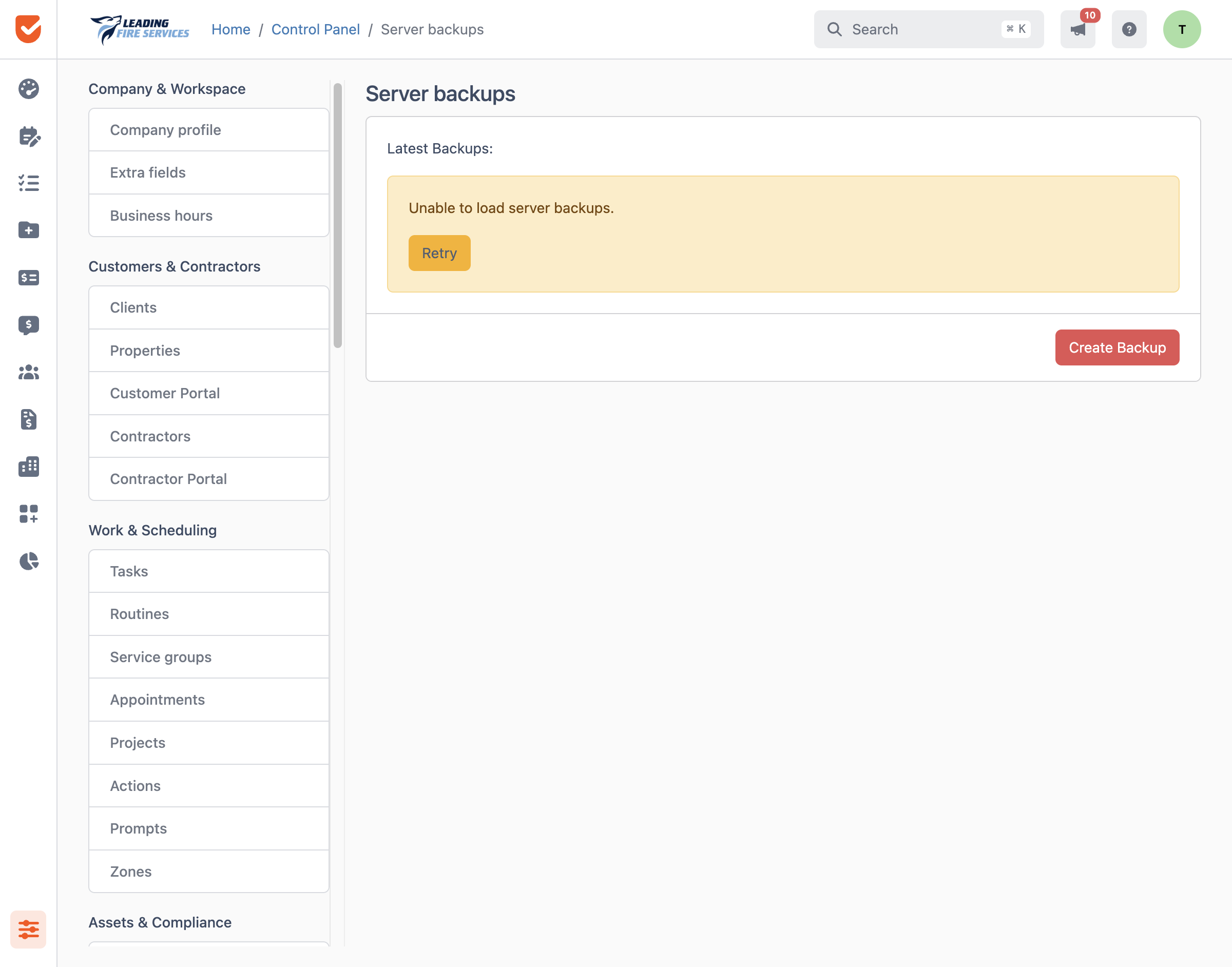Server backups | Control Panel