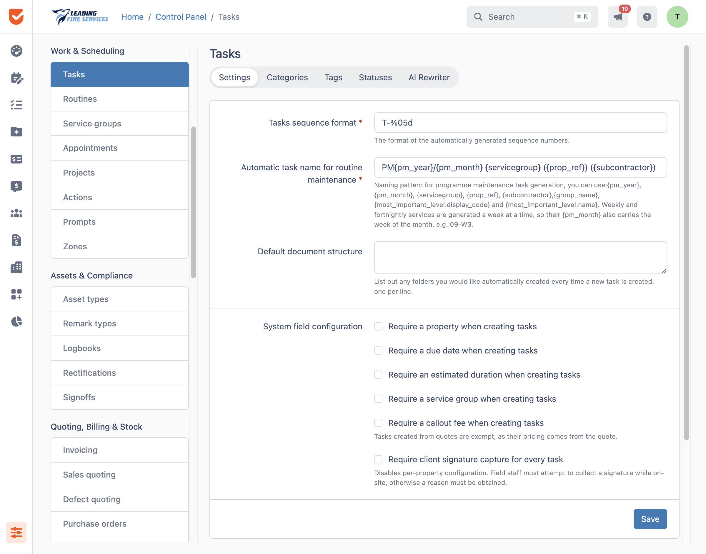 Tasks | Control Panel