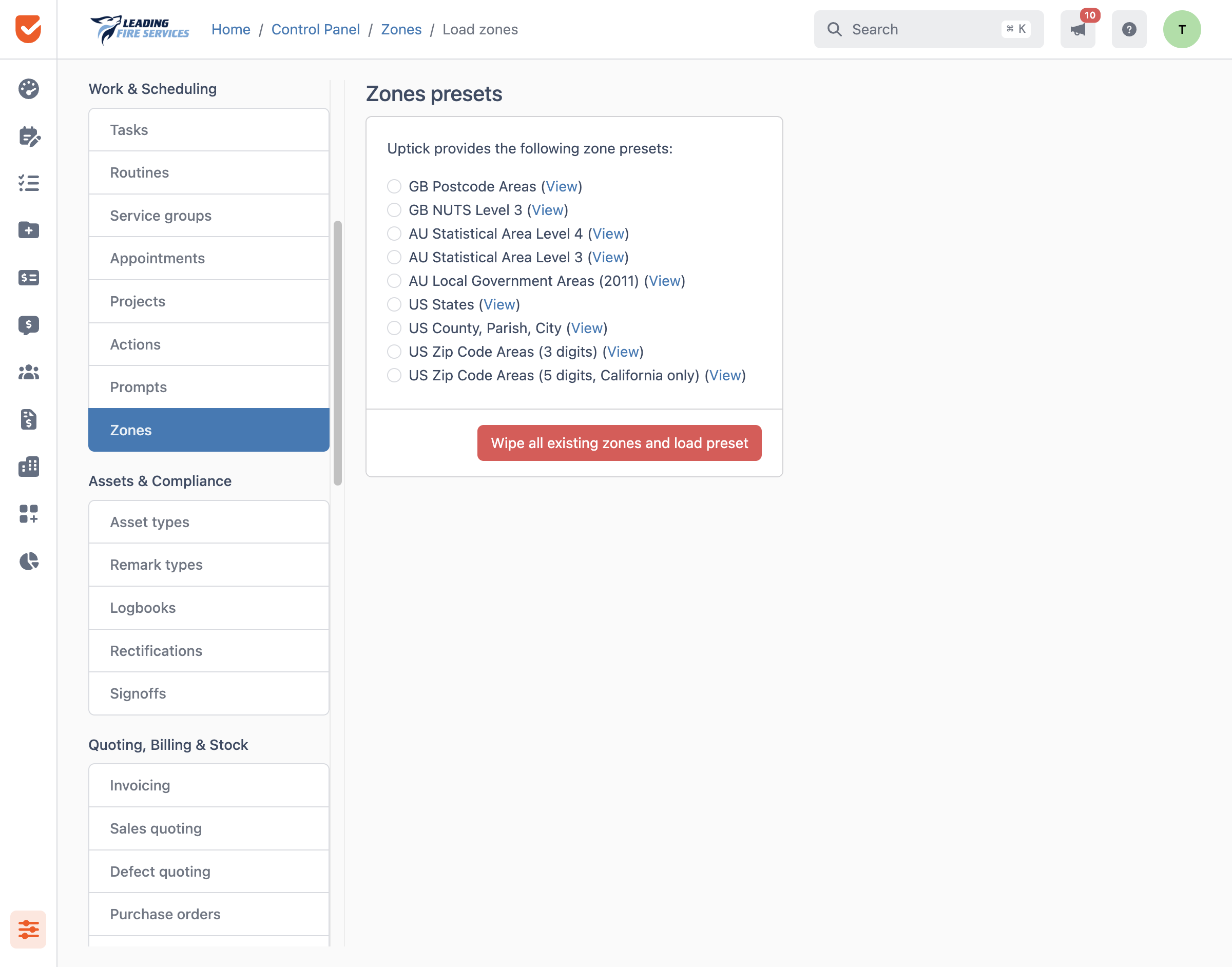Load zones | Control Panel